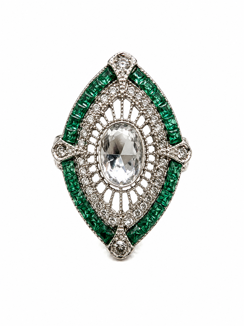 Art Deco Revival-ring med smaragdgröna bågar