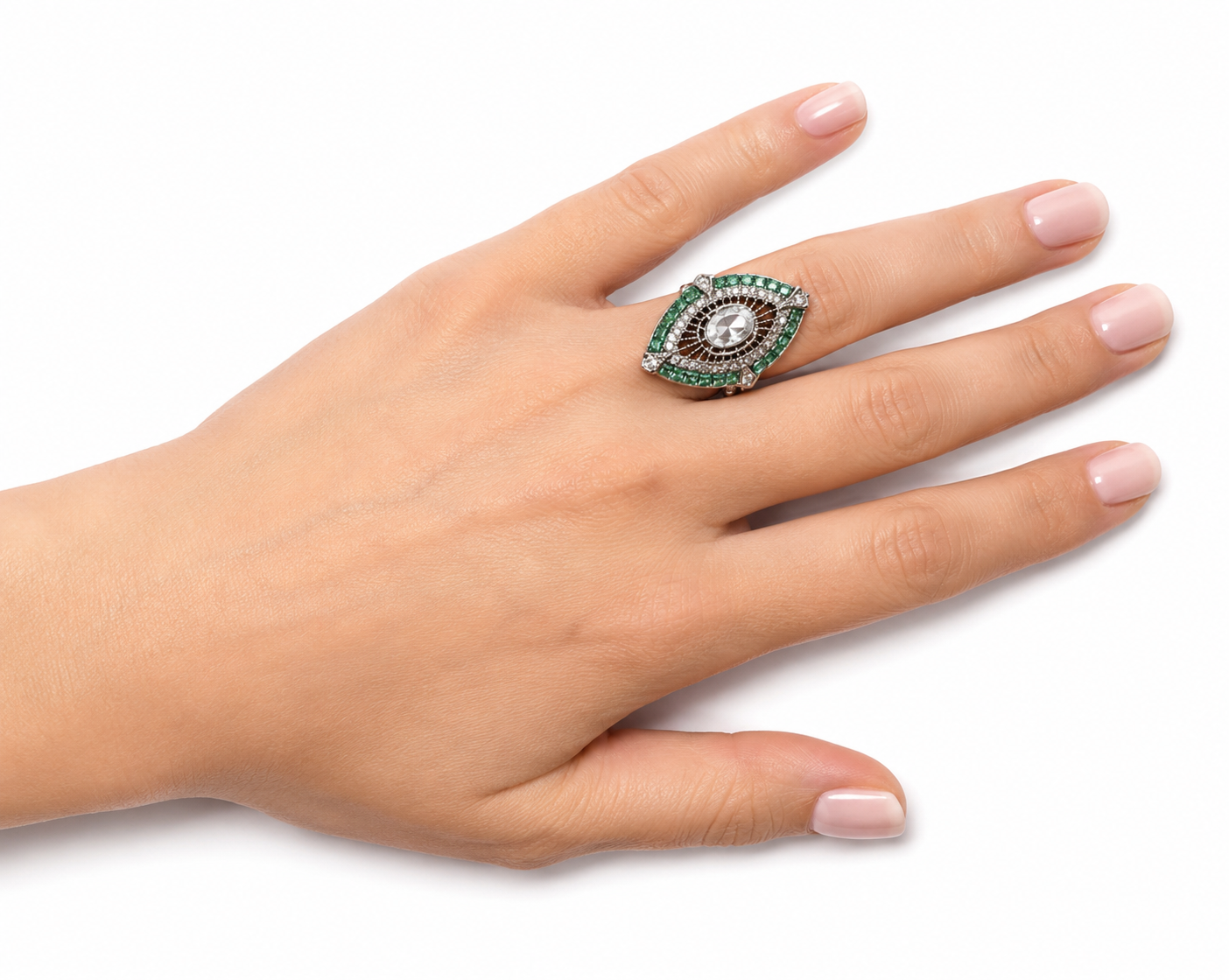 Art Deco Revival-ring med smaragdgröna bågar